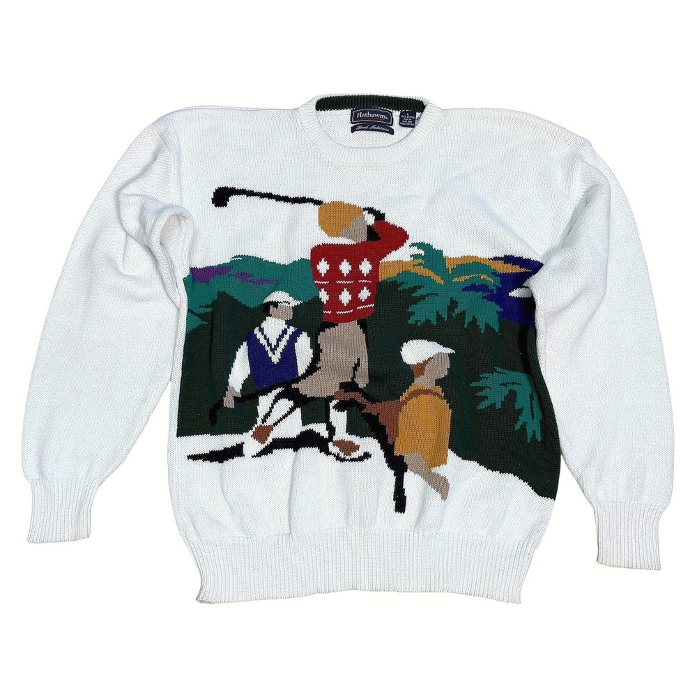 Vintage Hathaway Hand Intarsia Scene Sweater Off White Cotton Size‎ Large